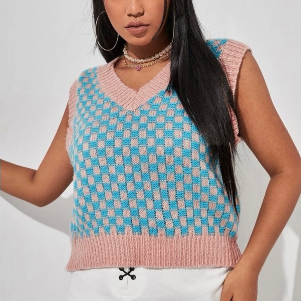 - Zara Woven Knit Vest Wool Medium Red Rose Blue